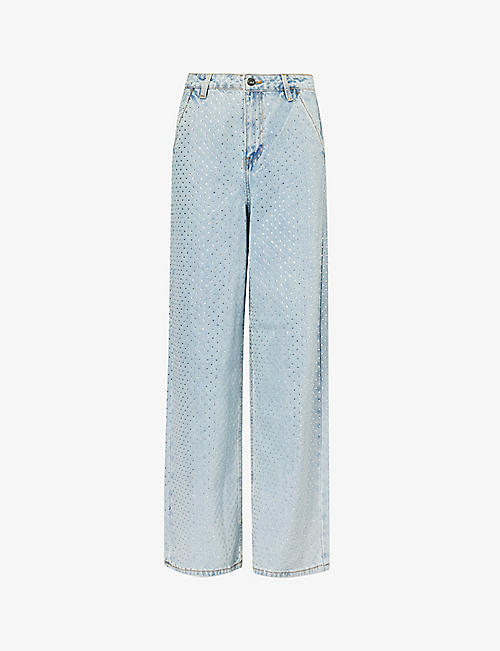 SELF-PORTRAIT: Wide-leg mid-rise crystal-embellished jeans