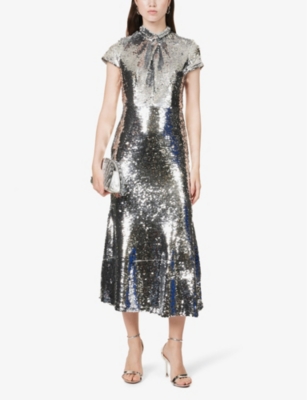Shop Self-portrait Women's Silver Twist Sequin-embellished Midi Dress