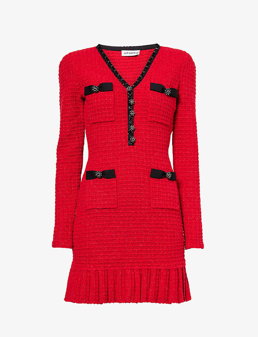 Self-portrait Womens Red Pleated V-neck Knitted Mini Dress