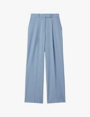 Reiss Womens Blue June Pleated Wide-leg Mid-rise Woven Trousers