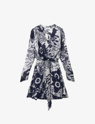 REISS: Sienna floral-print long-sleeve woven mini dress