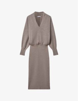 REISS: Sally V-neck long-sleeve wool and cashmere-blend midi dress