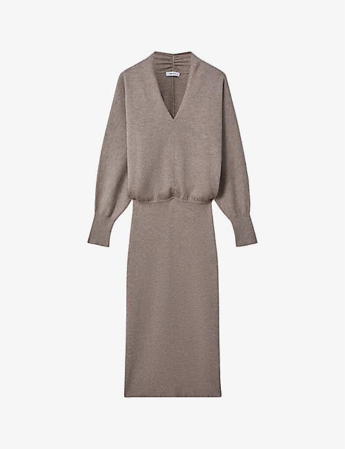 REISS: Sally V-neck long-sleeve wool and cashmere-blend midi dress