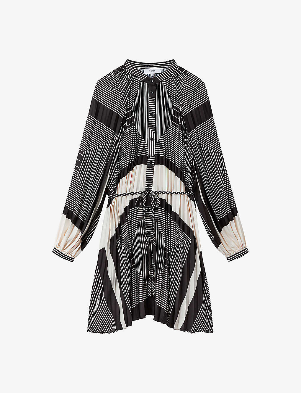 Shop Reiss Women's Black/white Bay Geometric-print Pleated Woven Mini Dress In Monochrome