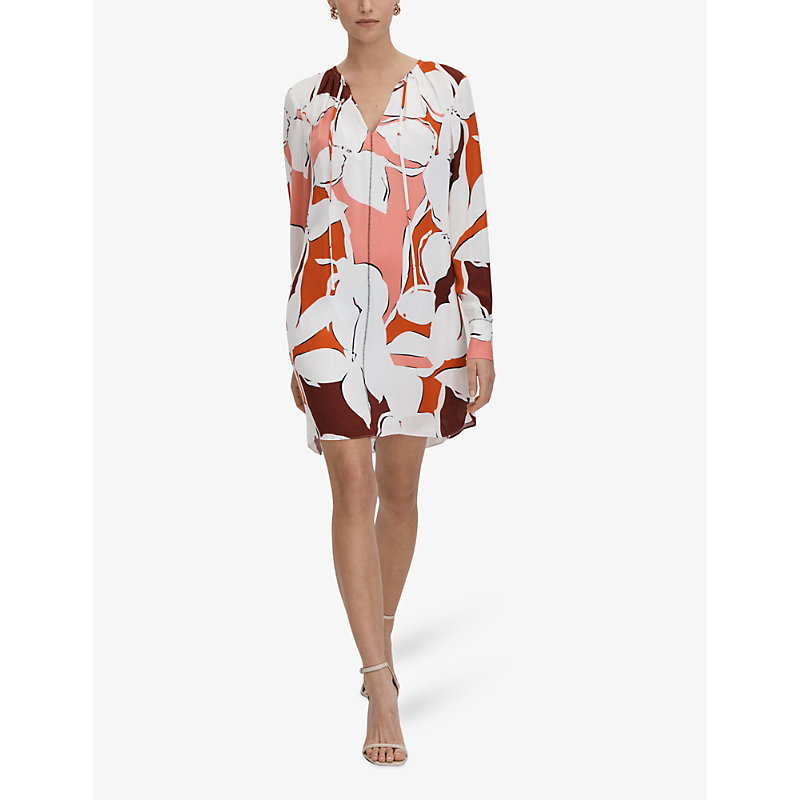 Shop Reiss Womens Cream/red Tanya Abstract-print Woven Mini Dress