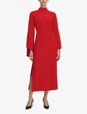 Shop Reiss Katya Long-sleeve Slim-fit Stretch-knit Midi Dress In Red