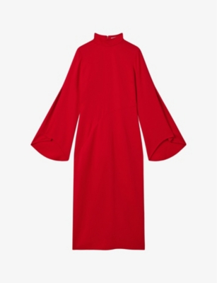 Shop Reiss Women's Red Katya Long-sleeve Slim-fit Stretch-knit Midi Dress