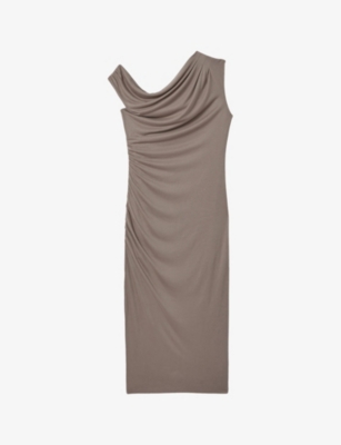 Reiss Mocha Bodycon Ruched Midi Dress In Mocha