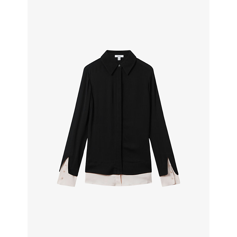 Shop Reiss Women's Black/nude Nila Contrast-cuff Long-sleeve Woven Shirt