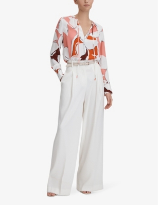 Shop Reiss Tess Abstract-print Stretch-woven Blouse In Cream/red