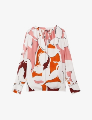 Shop Reiss Tess Abstract-print Stretch-woven Blouse In Cream/red