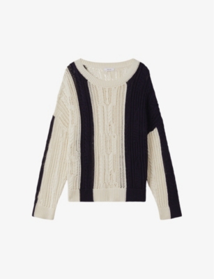 Shop Reiss Women's Cream/navy Terry Colour-block Knitted Jumper