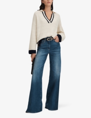 Shop Reiss Women's Cream/navy Michaela Open-collar Wool-blend Jumper