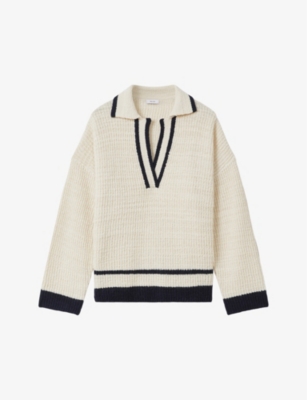 Reiss Michaela Open-collar Wool-blend Jumper In Cream/navy
