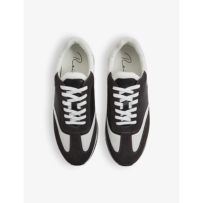 Shop Reiss Emmett Contrast-panel Leather And Suede Low-top Trainers In Charcoal