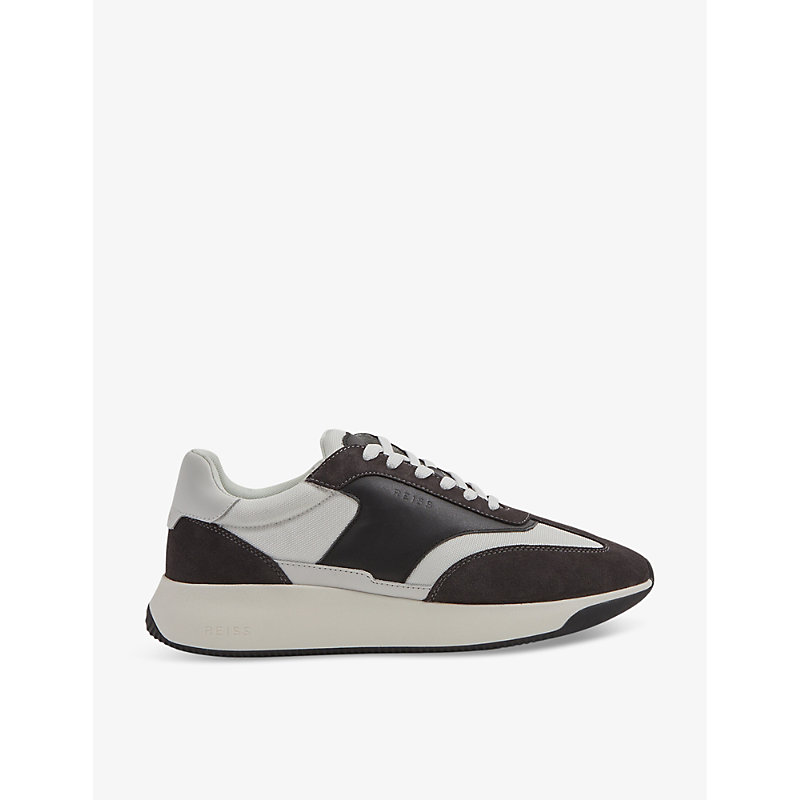 Shop Reiss Men's Charcoal Emmett Contrast-panel Leather And Suede Low-top Trainers