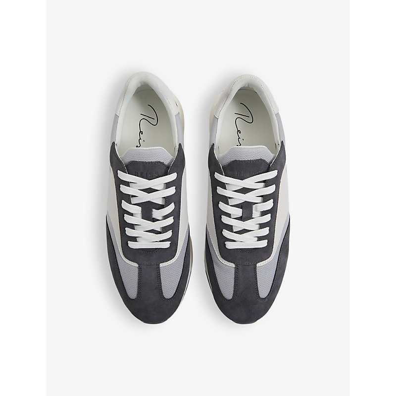Shop Reiss Men's Grey Mix Emmett Contrast-panel Leather And Suede Low-top Trainers