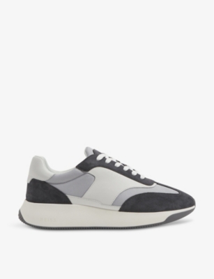 REISS REISS MEN'S GREY MIX EMMETT CONTRAST-PANEL LEATHER AND SUEDE LOW-TOP TRAINERS