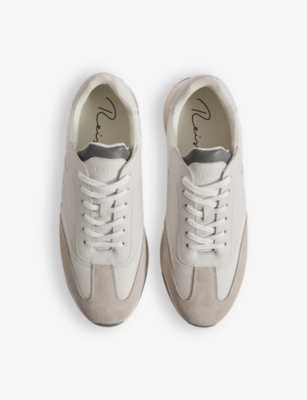 Shop Reiss Men's Off White Emmett Contrast-panel Leather And Suede Low-top Trainers