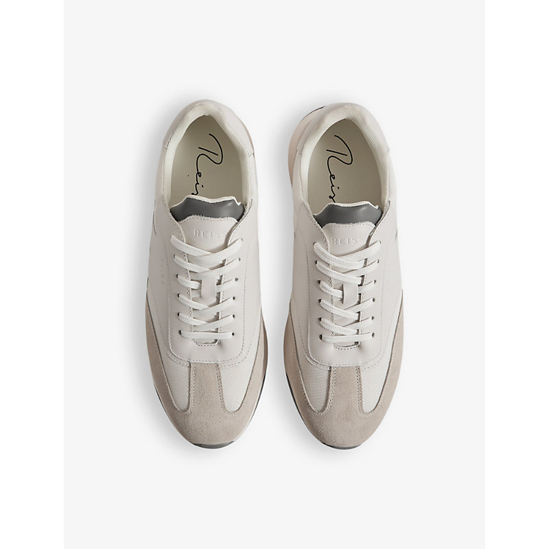 Shop Reiss Mens Off White Emmett Contrast-panel Leather And Suede Low-top Trainers