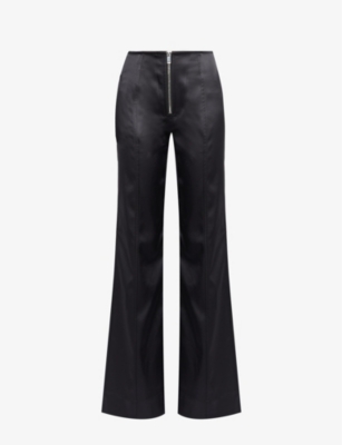 Shop Ganni Women's Black Satin-texture Straight-leg High-rise Stretch Recycled-polyester Trousers