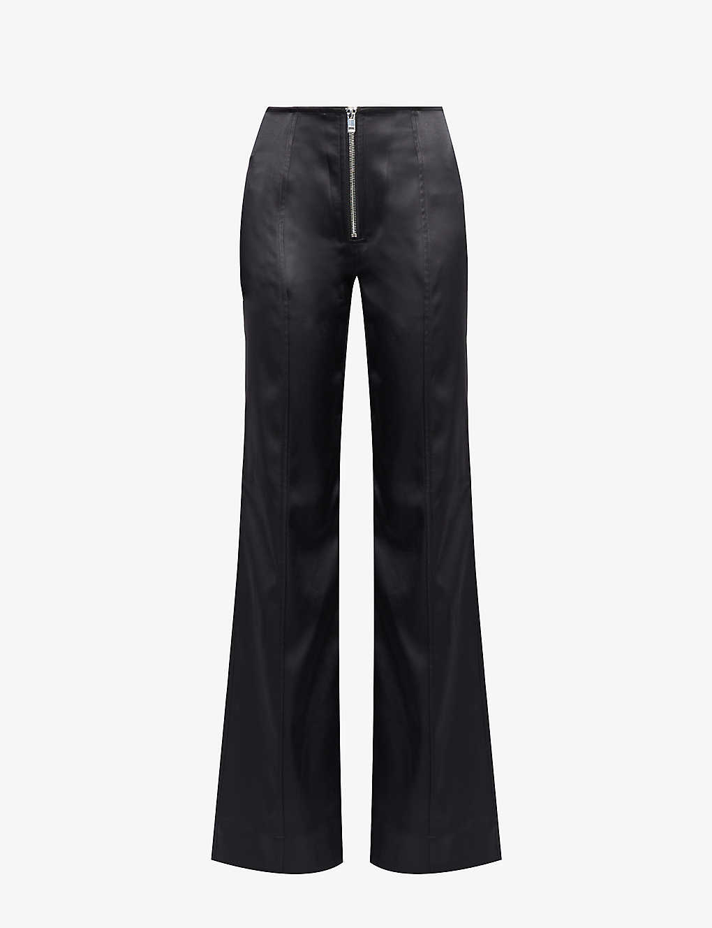 Shop Ganni Women's Black Satin-texture Straight-leg High-rise Stretch Recycled-polyester Trousers