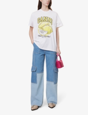 Shop Ganni Women's Mid Blue Vintage Cutline Straight-leg High-rise Organic-denim Trousers