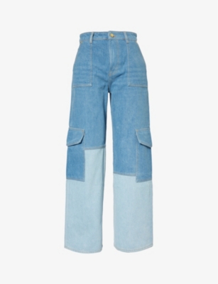 Ganni Womens Mid Blue Vintage Cutline Straight-leg High-rise Organic-denim Trousers