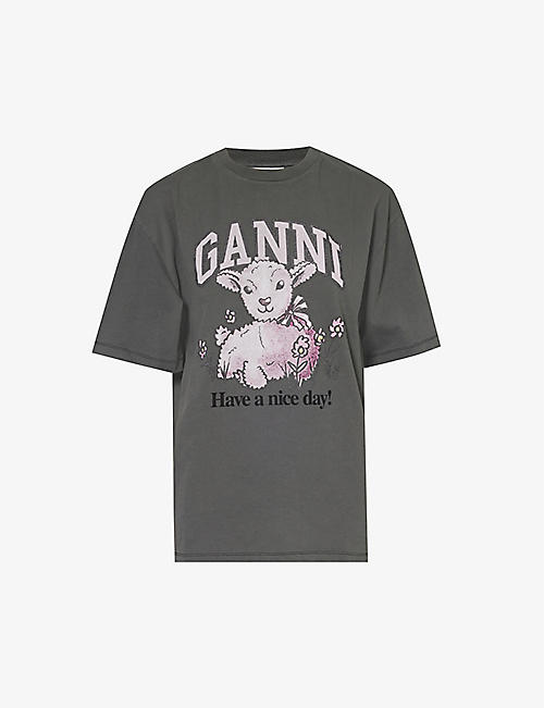 GANNI: Lamb-print recycled-cotton and organic-cotton-blend T-shirt
