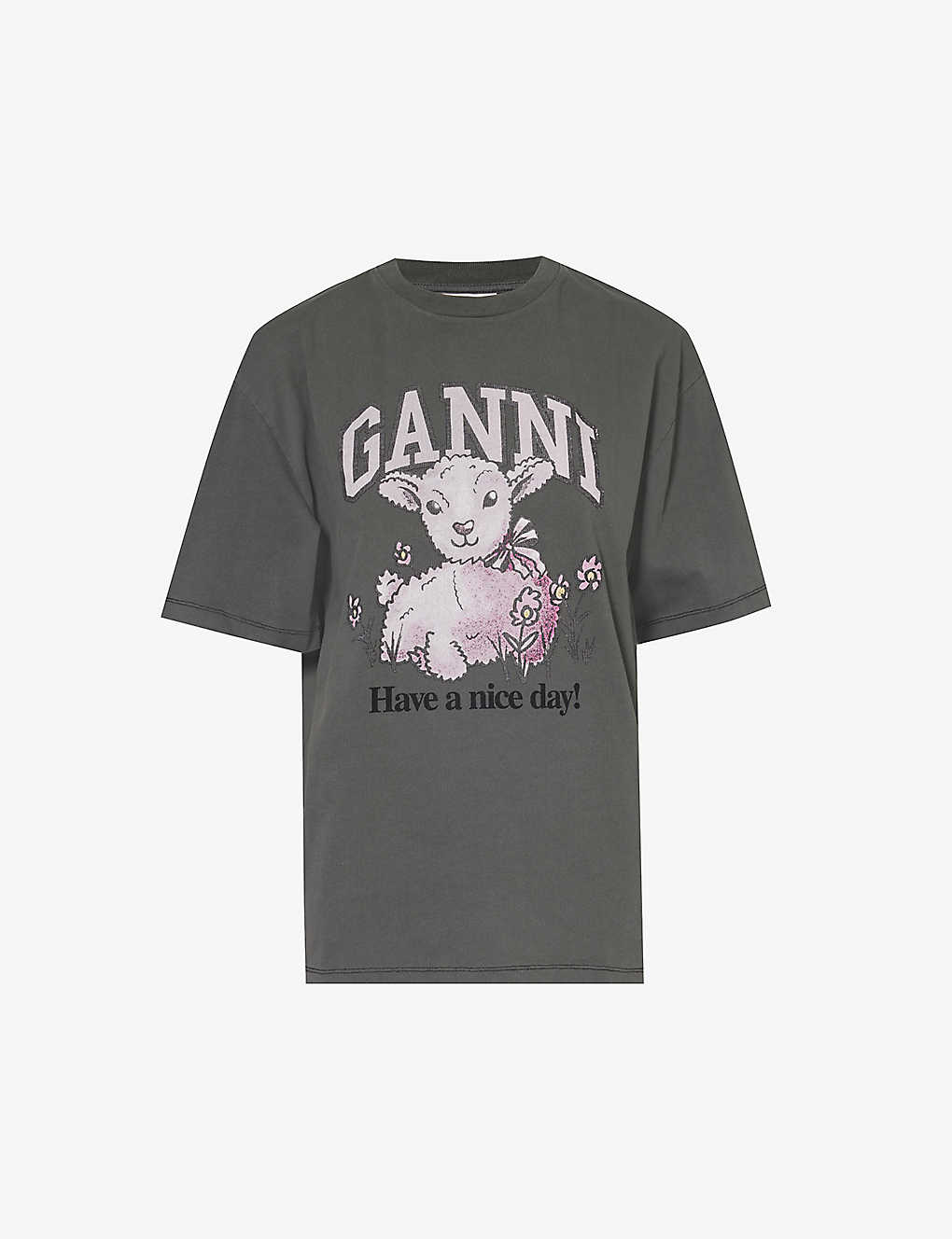 Shop Ganni Women's Volcanic Ash Lamb-print Recycled-cotton And Organic-cotton-blend T-shirt