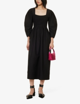 Shop Ganni Women's Black Smocked Puffed-sleeve Organic-cotton Maxi Dress