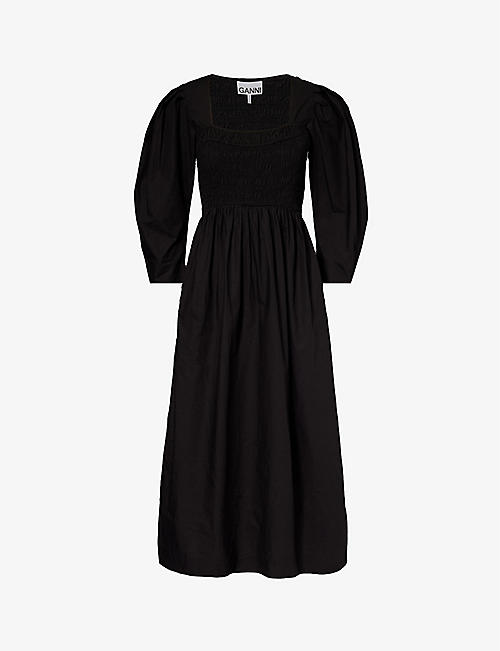 GANNI: Smocked puffed-sleeve organic-cotton maxi dress
