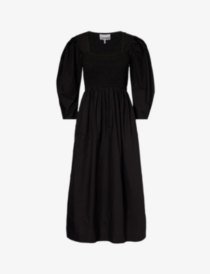 Shop Ganni Women's Black Smocked Puffed-sleeve Organic-cotton Maxi Dress