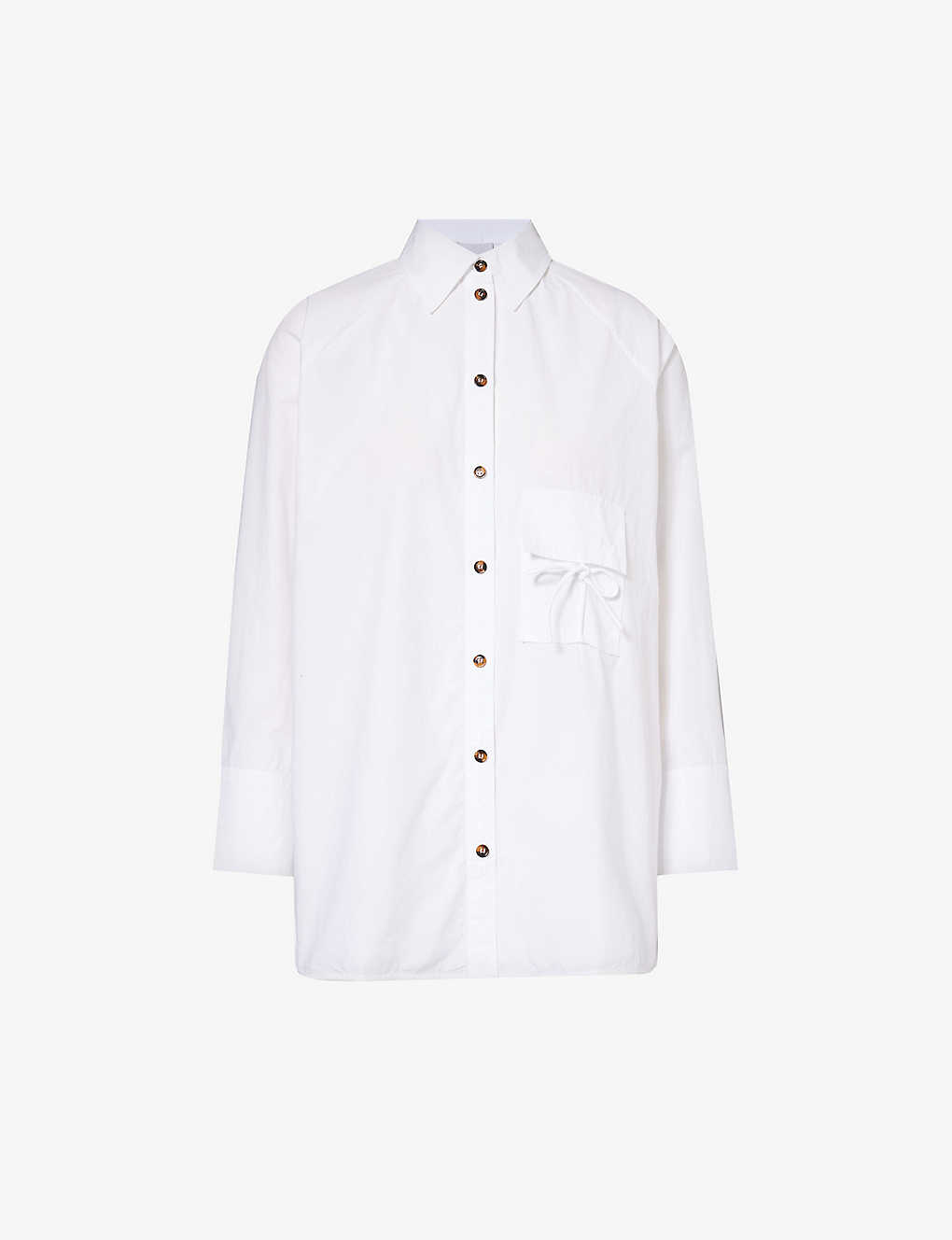 Ganni Womens Bright White Bow-embellished Organic-cotton Shirt