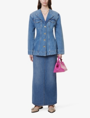 Shop Ganni Women's Mid Blue Vintage Cutline Slim-fit Denim Jacket