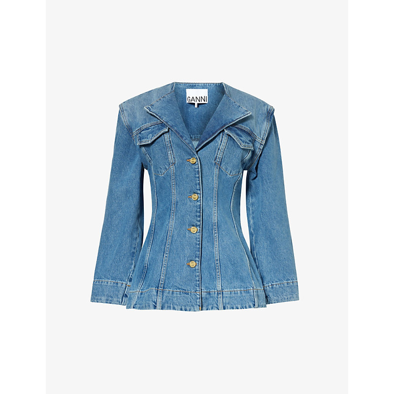 Shop Ganni Women's Mid Blue Vintage Cutline Slim-fit Denim Jacket