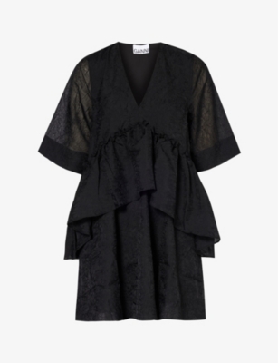 Ganni Womens Black Ruffle-trim V-neck Recycled-polyester Mini Dress