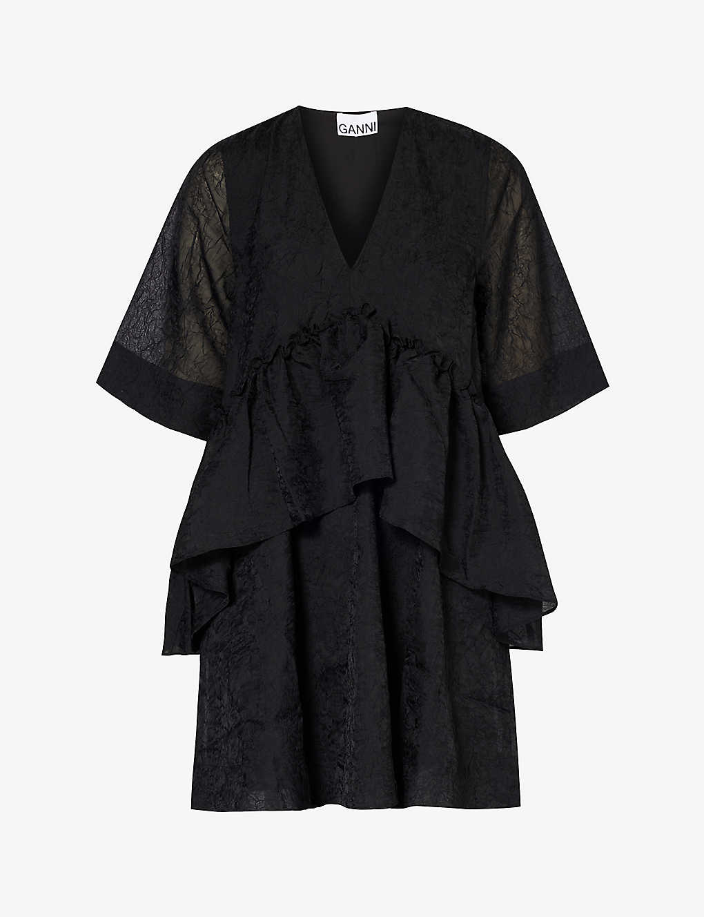 Ganni Womens Black Ruffle-trim V-neck Recycled-polyester Mini Dress
