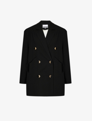 Ganni Oversized String-tie Double-breasted Blazer In Black