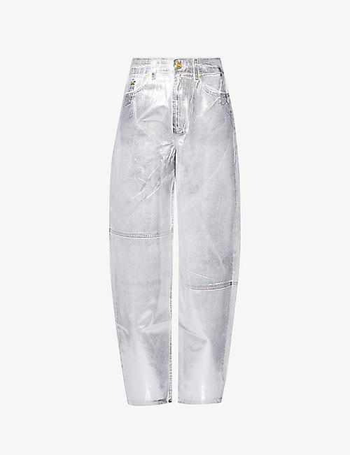 GANNI: Stary brand-patch high-rise wide-leg organic-denim jeans