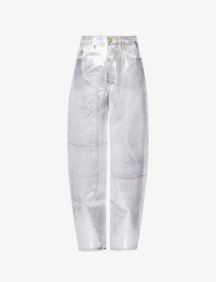 Shop Ganni Women's Bright White Stary Brand-patch High-rise Wide-leg Organic-denim Jeans In Silver