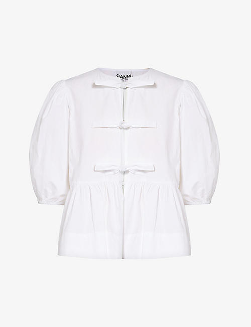 GANNI: Self-tie puffed-sleeve organic-cotton blouse