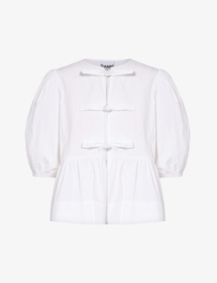 Shop Ganni Women's Bright White Self-tie Puffed-sleeve Organic-cotton Blouse