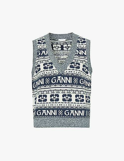 GANNI: Logo-intarsia V-neck wool-blend vest