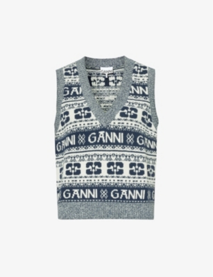 Shop Ganni Women's Sky Captain Logo-intarsia V-neck Wool-blend Vest