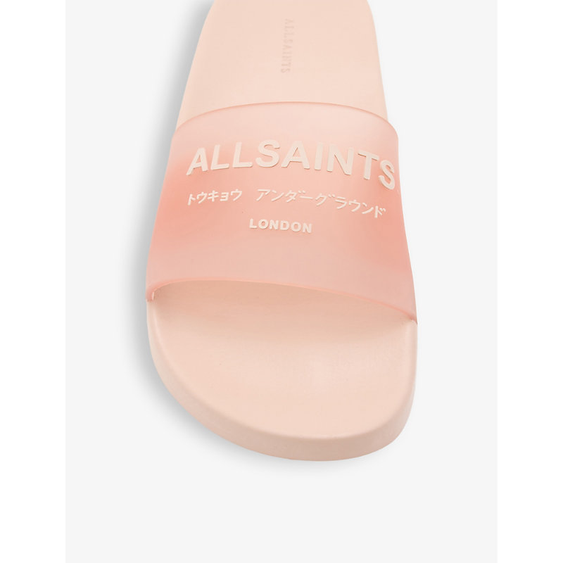 Shop Allsaints Women's Pale Rose Pink Underground Logo-print Flat Rubber Slides