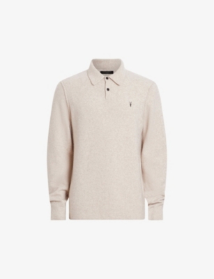 AllSaints Merino Long Sleeve Polo Shirt, Stone Taupe Marl, XS