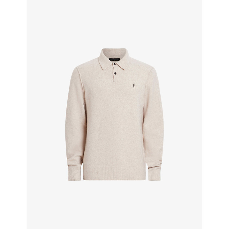 Allsaints Mens Oatmeal White Statten Logo-embroidered Regular-fit Organic-cotton Polo
