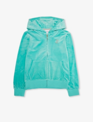 Shop Juicy Couture Girls Turquoise Kids Diamante-embellished Zip-up Stretch-velour Hoody 7-16 Years