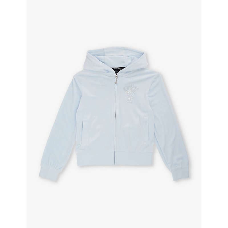 Shop Juicy Couture Diamante-embellished Zip-up Stretch-velour Hoody 7-16 Years In Heather